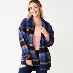 SO Womens Plaid Shirt Jacket in Blue, Pink & Green